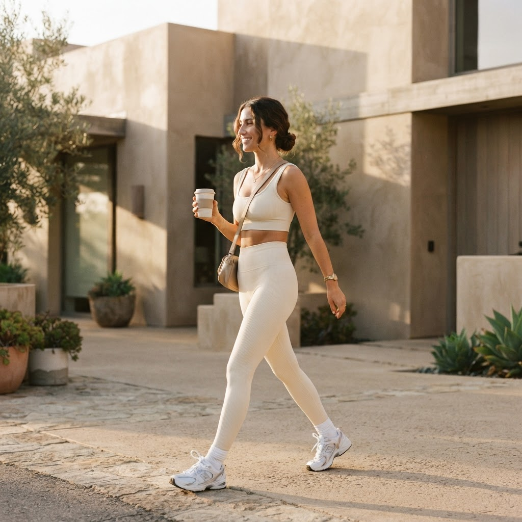 Mulher caminhando com conjunto fitness creme da MAVE